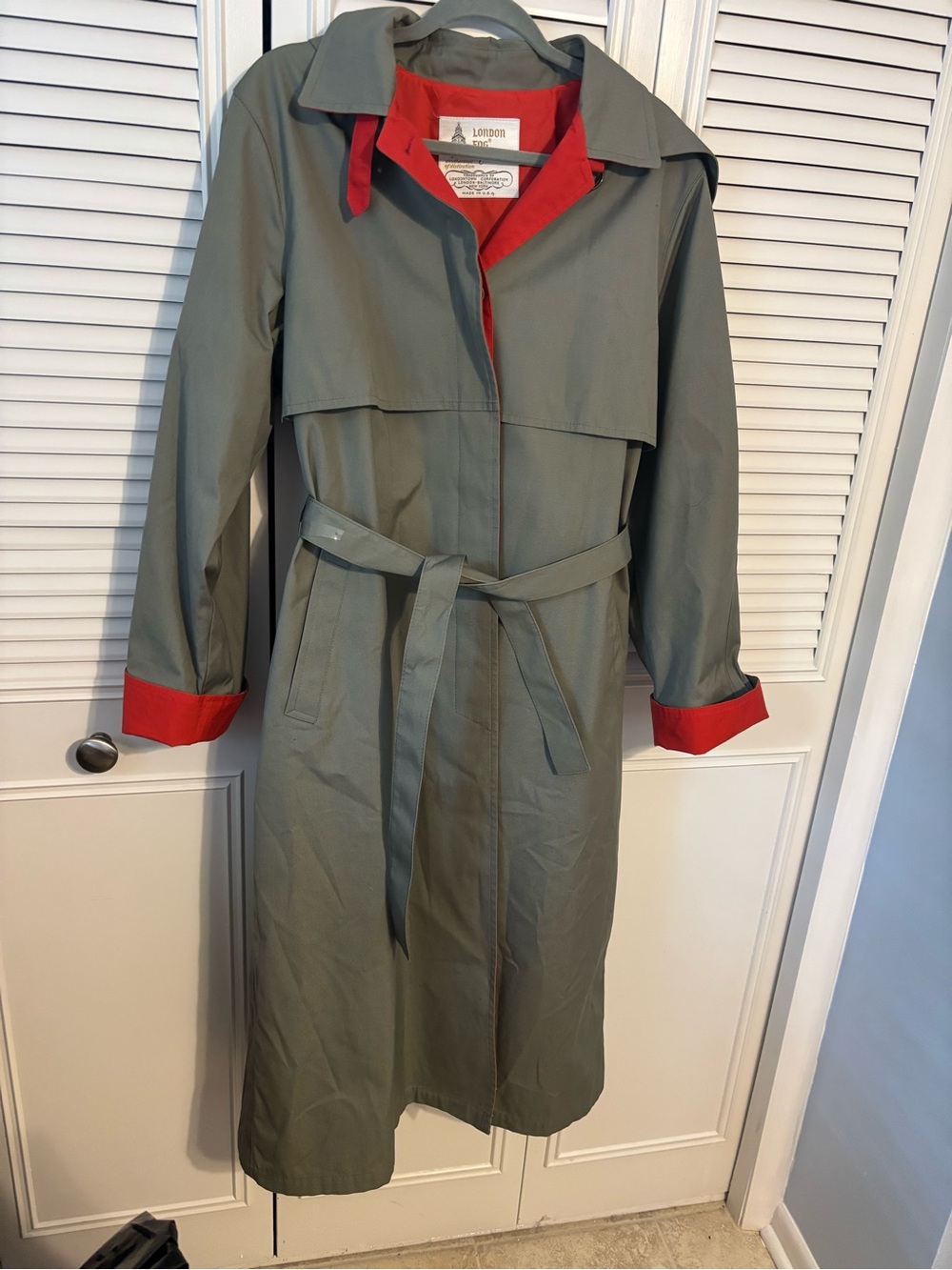London Fog Olive Trench Coat with Red Trim